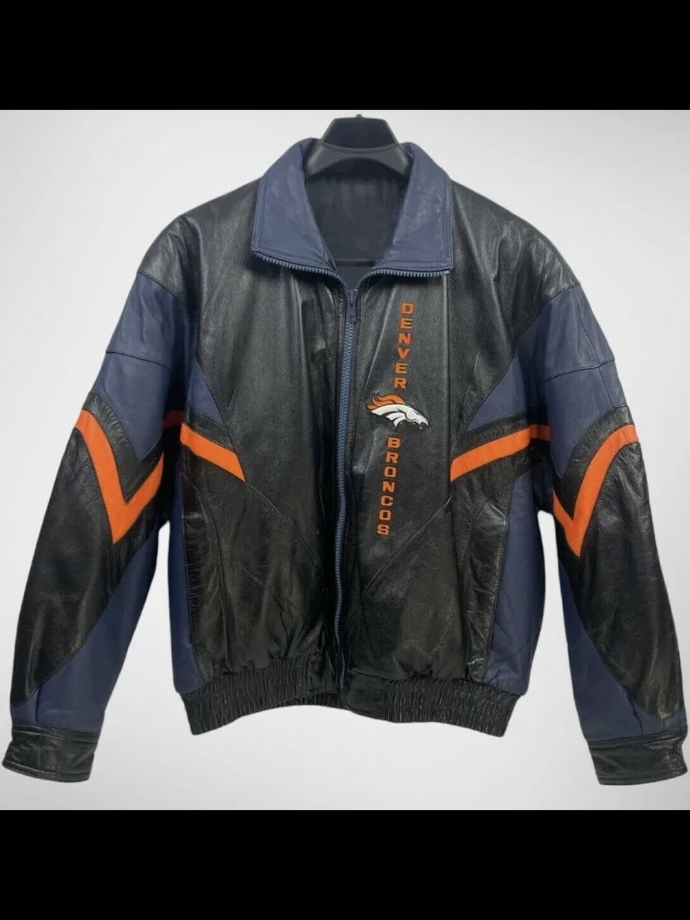 Pro Player Denver Broncos Black, Navy & Orange Leather Bomber Jacket